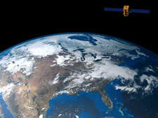 Ein Satellit in einer Umlaufbahn oberhalb des nordamerikanischen Kontinents