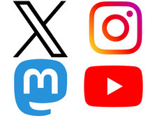 Die Logos von Instagram, Twitter, Mastodon und YouTube