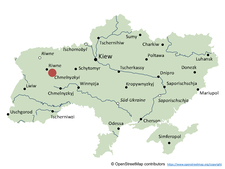 Karte der Ukraine, markiert ist der Standort des KKW Chmelnyzkyj