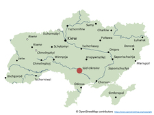Karte der Ukraine, markiert ist der Standort des KKW Südukraine