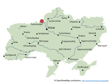 Karte der Ukraine, markiert ist der Standort des KKW Tschernobyl (außer Betrieb)