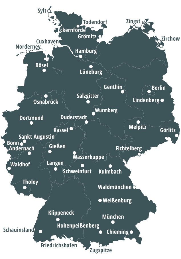 Deutschlandkarte mit allen UV-Messstationen des UV-Messnetzes