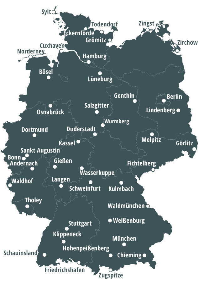 Deutschlandkarte mit allen UV-Messstationen des UV-Messnetzes