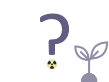 Fragezeichen mit Radioaktivitätssymbol, das als Punkt dient, und Umwelt/Pflanze (Symbolbild)
