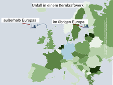 Karte von Europa mit beispielhaft eingezeichneten Kernkraftwerken im grenzfernen Europa und außerhalb Europas