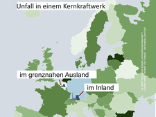 Karte von Europa mit beispielhaft eingezeichneten Kernkraftwerken in Deutschland und im grenznahen Europa