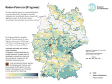 Prognostiziertes Radon-Potenzial in Deutschland. Wie hoch die Radon-Konzentration in einem Gebäude an einem bestimmten Ort tatsächlich ist, lässt sich aus der Karte nicht ablesen. Dies kann nur eine Messung ermitteln. Mehr dazu: www.bfs.de/radon-messen (Bild hat eine Langbeschreibung)