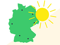 Grobe Deutschlandkarte mit sechs Punkte, die die Lage von Großstädten darstellen und einer Sonne, die alles überstrahlt.