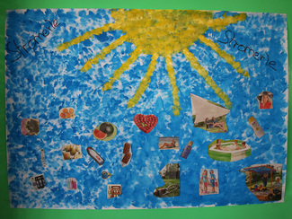 Eine selbst gebastelte Collage einer Kita zum Thema Sonnenschutz mit verschiedenen Maßnahmen wie etwa Sonnensegel, Sonnencreme, Wasser und Schattenplätzen (Bild anzeigen)